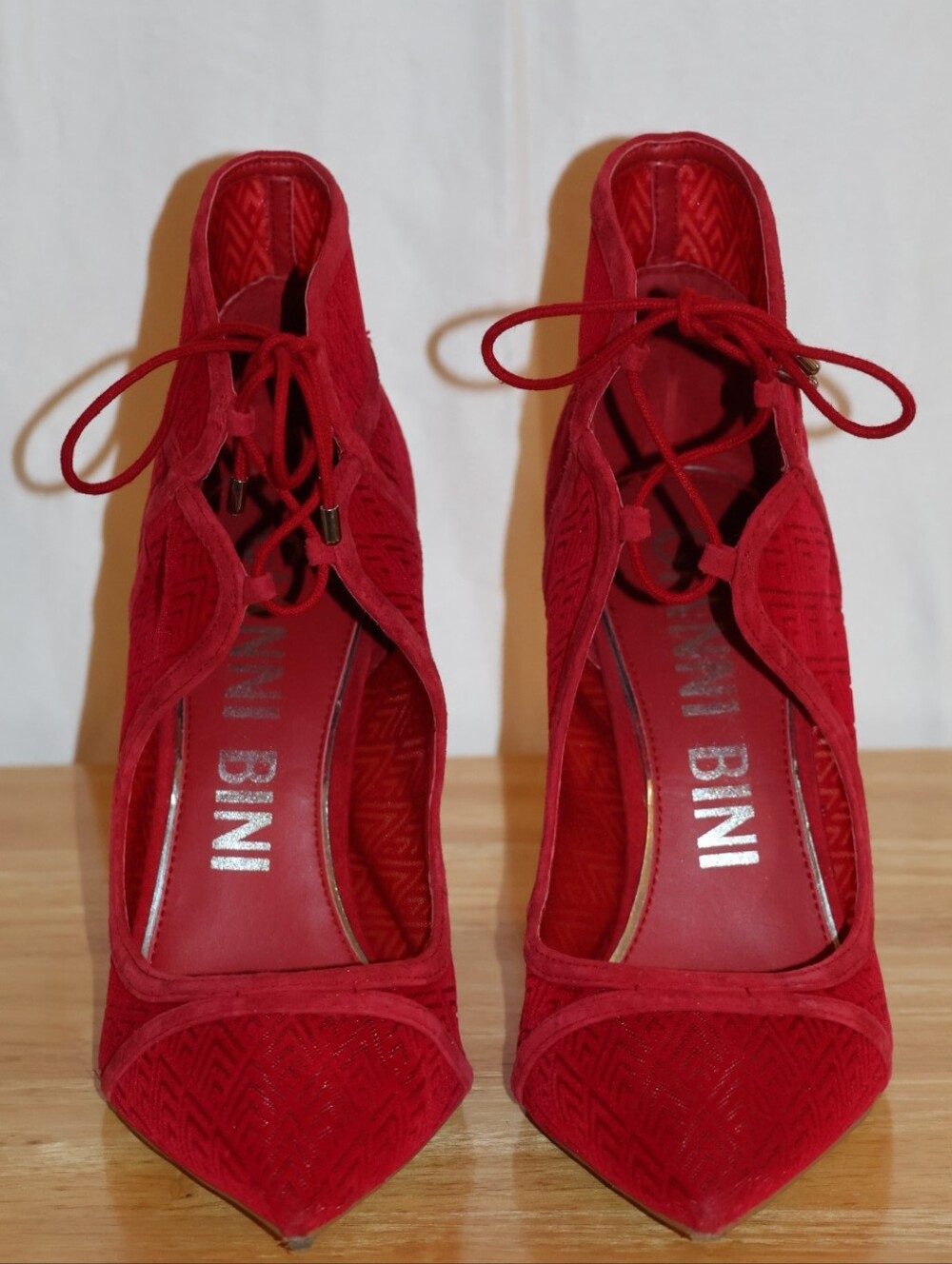 Gianni Bini Red Lace-Up Pointed Toe Stiletto Ankle Booties - Picture 2 of 13